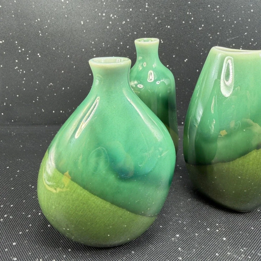 IKEA 3 Piece Bud Vase Set Green Two Tone Glazed Ceramic Organic Shape 4.5 Inch